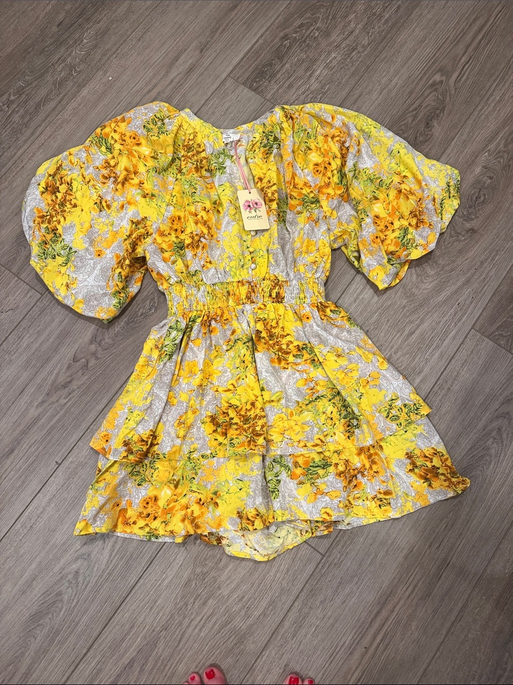entro Yellow Floral Puff-Sleeve Mini Dress